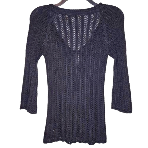DKNY JEANS Black Witchy Crochet 3/4 Sleeve Open Knit Pullover Top Neck Tassels S - Picture 6 of 6